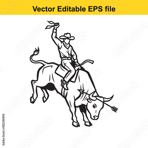 Black and white line art vector illustration of a cowboy riding a bucking bull during a rodeo competition, isolated on