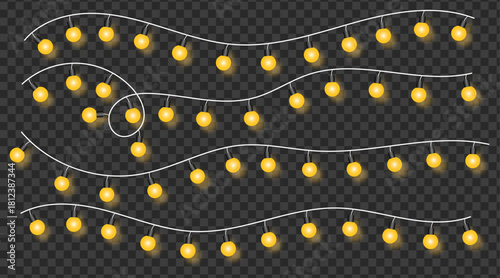 Glowing yellow string lights hanging on curved white cables with soft ambient glow on transparent background