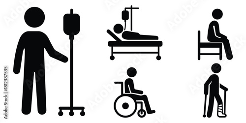 Stickman patient silhouette collection, Hospital care icon set, Injury support mobility symbols