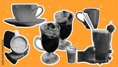 Coffee Halftone Collage Banner Orange Background Cafe Drinks Vector Design Elements.set of glasses,mugs