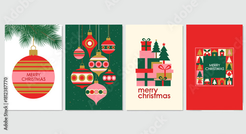 A set of four christmas cards featuring festive designs, including ornaments, gifts, and holiday greetings, isolated on perfect for spreading holiday cheer