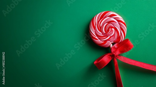 The holiday season is sweetened by a red and white lollipop complete with a bow on a green background