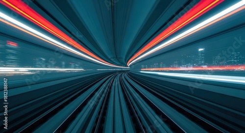 Dynamic light streaks blur through futuristic tunnel with city skyline at night, conveying speed and innovation in modern travel technology