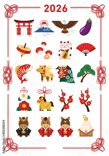 A vibrant pixel art illustration featuring traditional japanese new year motifs for 2026, including lucky charms and auspicious symbols, isolated on