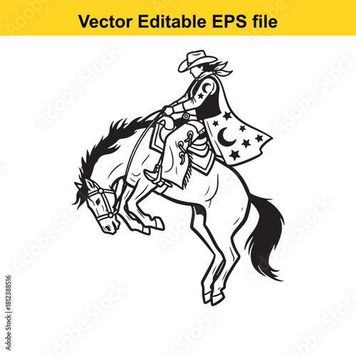 Black and white line art vector illustration of a cowboy riding a bucking bronco horse in a rodeo style, isolated on