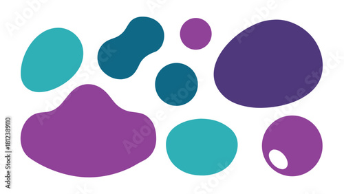 Collection of abstract shapes in teal, dark teal, and purple colors on a white background design