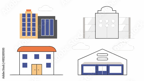 Illustration of four buildings with different architectural styles and cloud accents in the background