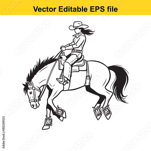 Black and white line art vector illustration of a cowgirl riding a horse with western gear, isolated on