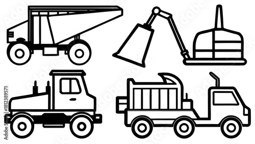 Illustration of construction vehicles including a dump truck excavator and two types of delivery trucks