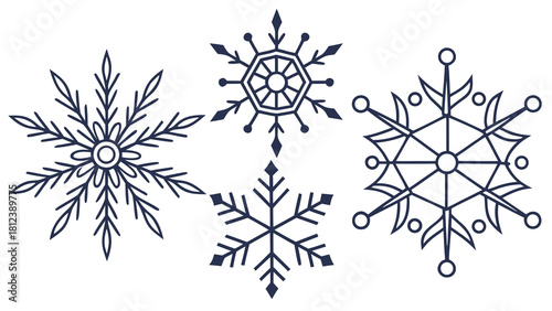 Illustration of four different snowflake designs with intricate details and varying shapes on white background