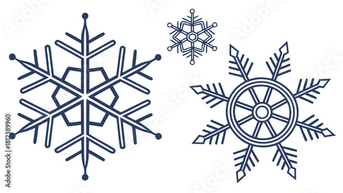 Illustration showing three snowflakes with different designs in a line on a white background
