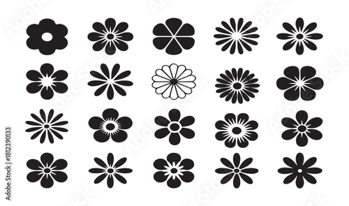 Collection of Elegant Flower Icons in Black Silhouette for Design and Decoration Projects