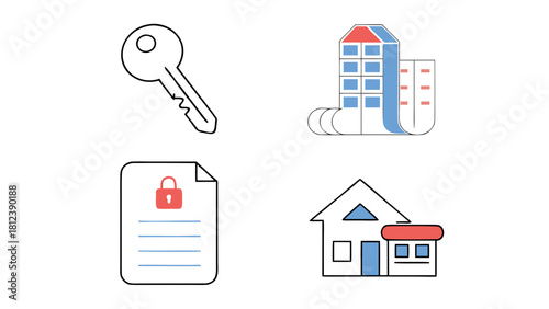 Illustration of a key, building, document with padlock, and house with extension in simple line art