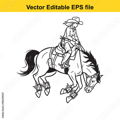 Black and white line art vector illustration of a female cowgirl riding a bucking bronco horse during a rodeo competition isolated on