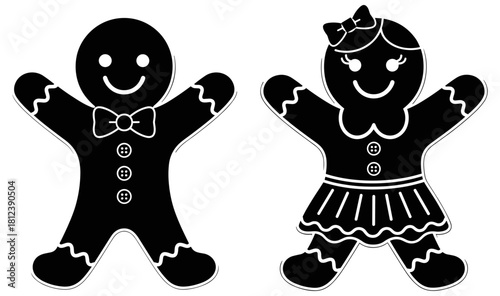 Gingerbread man and woman cartoon, festive holiday cookie characters, black and white illustration, Christmas baking theme, cute design
