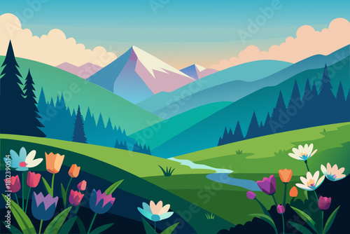 Green Spring Meadow with Flowers vector illustration