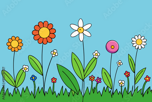 Blooming Flowers in Spring Pasture vector illustration