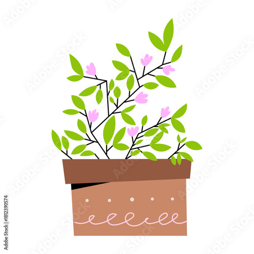 Vector illustration of a green flowering plant with pink buds in a decorative pot. Perfect for home decor themes, gardening design, botanical branding, packaging, and interior illustration