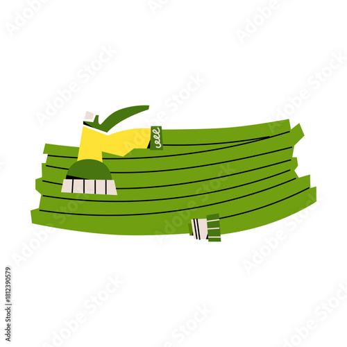 Vector illustration of a coiled green garden hose with a sprayer nozzle. Modern minimal design for gardening themes, tools, outdoor equipment, lawn care projects, and instructional materials