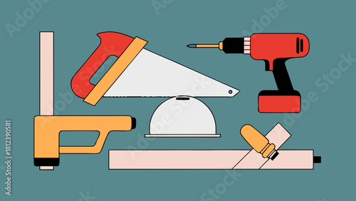 Illustration of carpentry tools including a saw drill square and other woodworking equipment set on a teal background