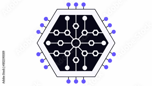 Hexagonal structure with internal network and external blue nodes on a white background design element