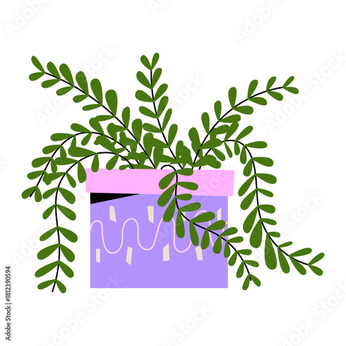 Vector illustration of a green leafy garden plant in a decorative pot. Simple botanical element suitable for gardening themes, home decor, plant care designs and eco-friendly projects