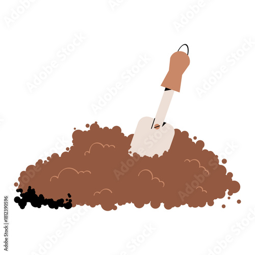 Vector illustration of a garden soil pile with a small hand shovel. Simple gardening element for planting, spring projects, outdoor work, and farming designs