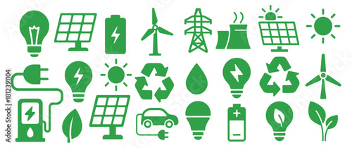 Renewable Energy, Eco Power and Sustainability Technologies Icon Set in Clean Green Minimal Style