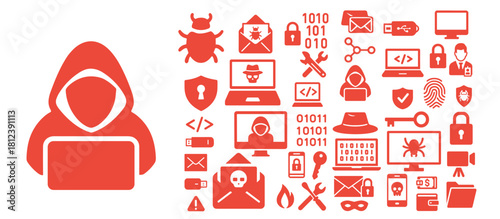 Cybersecurity, Ethical Hacking and Data Protection Icon Set with Bold Red Minimal Graphics
