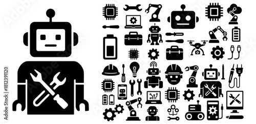Robotics Engineering, Artificial Intelligence and Mechanical Tools Icon Set in Clean Bold Silhouettes