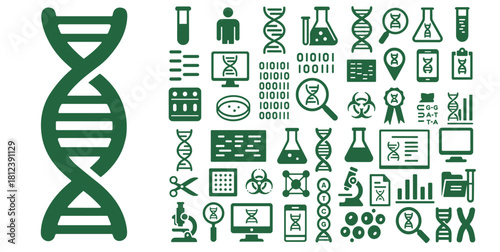 Comprehensive Genetics, DNA Research and Molecular Biology Icon Set in Minimal Flat Style