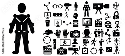 Film Production, Video Editing and Creative Media Studio Icon Set in Bold Minimal Silhouette