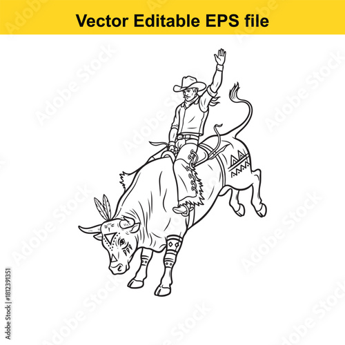 Black and white line art vector illustration of a cowboy riding a bucking bull in a rodeo competition, isolated on