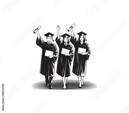 Celebrating Graduation Three Happy Students In Caps And Gowns Holding Diplomas