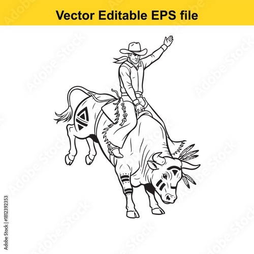 Black and white line art vector illustration of a cowboy riding a bucking bull with feathers on its head, isolated on