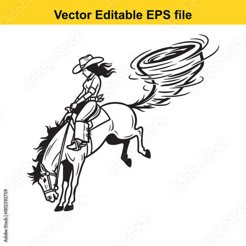 Black and white vector illustration of a cowgirl riding a bucking horse with a tornado or whirlwind coming from the horses tail isolated on