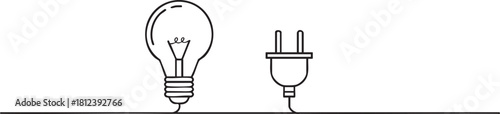 Continuous single line drawing of a minimalist lightbulb with power plug representing an energy and electricity concept in clean outline vector illustration