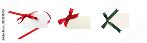 Blank gift tags with red green ribbons isolated object transparent PNG background