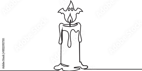 Halloween candle with a spooky ghost flame. Continuous one line drawing of a holiday decoration. Vector illustration. On White background. 