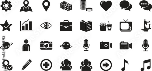 Collection of Black and White Vector Icons for Various Purposes