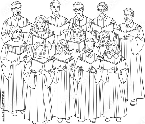 Vector Outline Illustration of Choir Singing, Group in Robes, Church Music, and Christmas Carols