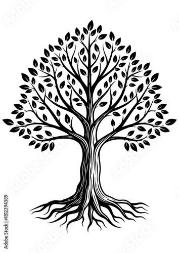 Black and white stylized illustration of a mature tree with dense foliage and prominent roots, isolated on