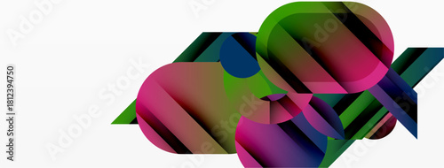 Abstract shapes overlap, creating vibrant color blends. Composition features circles, lines, gradients, modern aesthetic. Minimalist design.