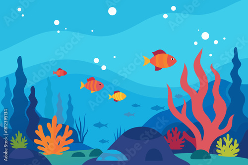 Colorful Underwater Coral Reef with Fish vector illustration