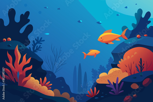 Sea Bottom Coral Reef with Swimming Fish vector illustration