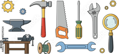 Vector Illustration Set of Workshop Tools, Repair, DIY, Engineering, and Handyman Equipment