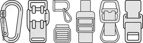 Clip hardware, vector, illustration, sketch, outline, buckle, strap, hook, gear, ergonomic, durable, technical, structured, layout, silhouette, fastening, secure, equipment, design, adjuster