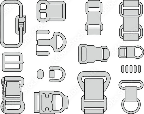 Fastener hardware, vector, illustration, sketch, outline, buckle, clip, strap, gear, ergonomic, durable, technical, structured, layout, silhouette, fastening, secure, equipment, design, adjuster