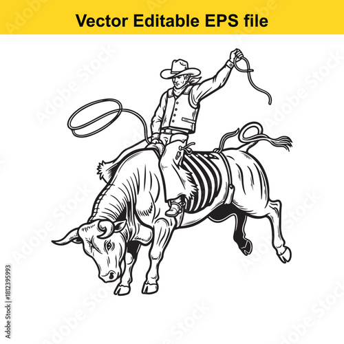 Black and white line art vector illustration of a cowboy riding a bucking bull with a lasso, isolated on