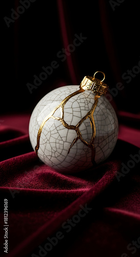 Kintsugi style white cracked ceramic bauble with gold veins on red velvet cloth